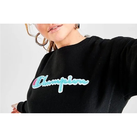 Champion Reverse Weave Black Teal Chenille Script Logo Crewneck Sweatshirt L - Picture 2 of 8